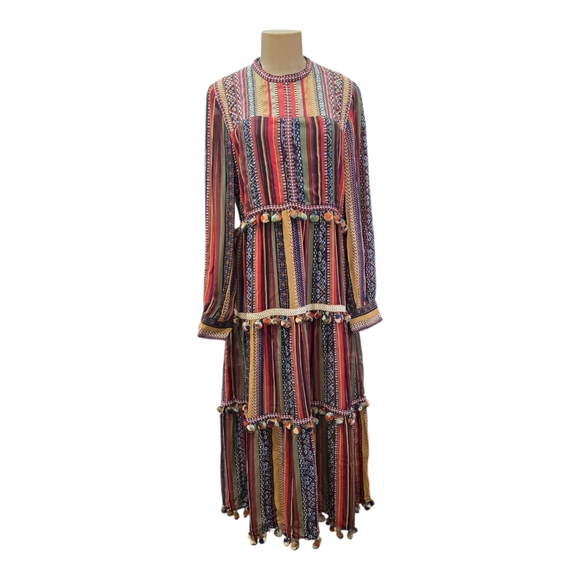 ZARA blogger Fab long rainbow stripe Pom Pom boho tiered maxi dress XS - Picture 2 of 15
